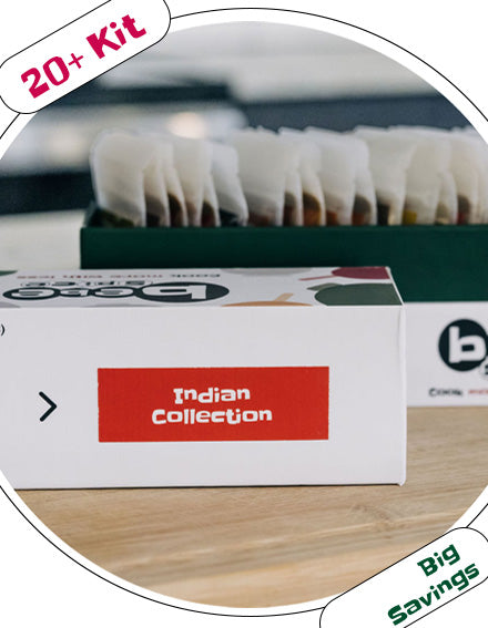 A close up of a lid of a Large Bebe Spice Kit sitting on a kitchen counter. The label reads "Indian Collection."