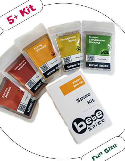 A Bebe Spice Mini-Kit labeled "Indian Mini-Kit." Surrounded by the 5 spices contained within. 